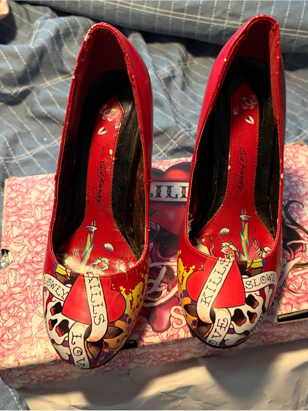Ed Hardy Red Tattoo-Print Peep-Toe Heels